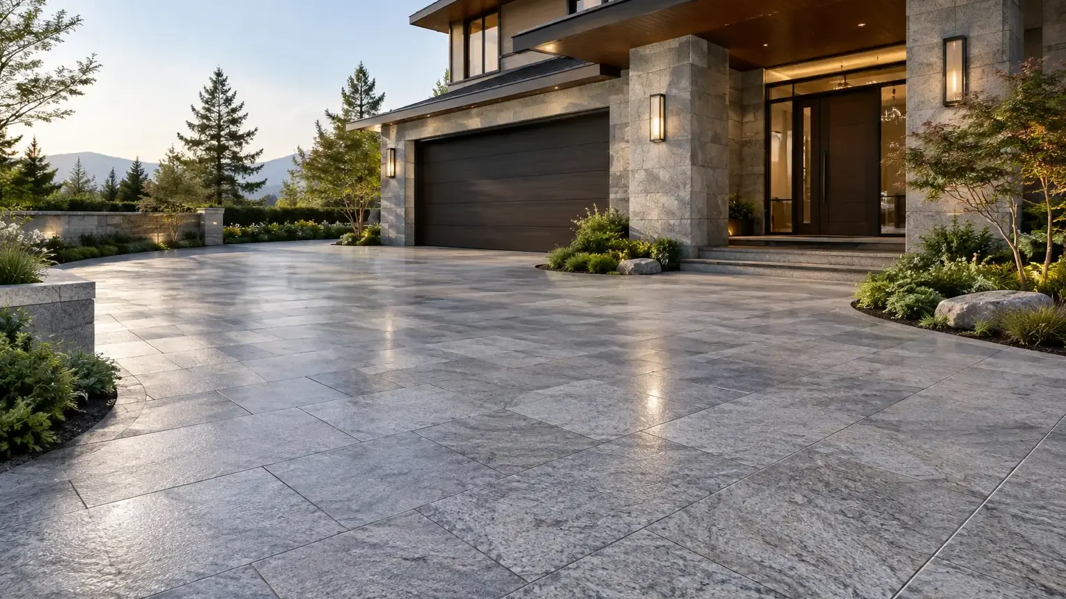 Conceptual rendering of home exterior with granite hardscaped stone for driveway and landscaped entrance.