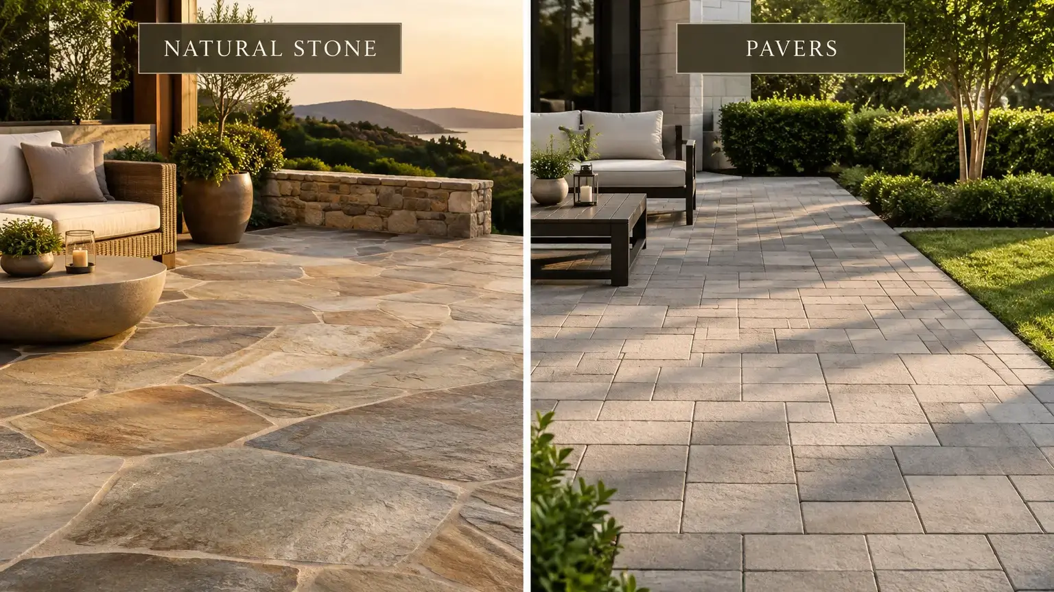 Conceptual rendering of side-by-side comparison of natural stone and paver patios.