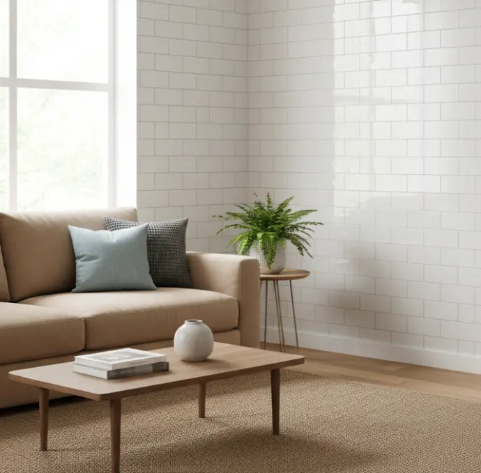 White polished subway tiles on a living room accent wall reflecting natural light