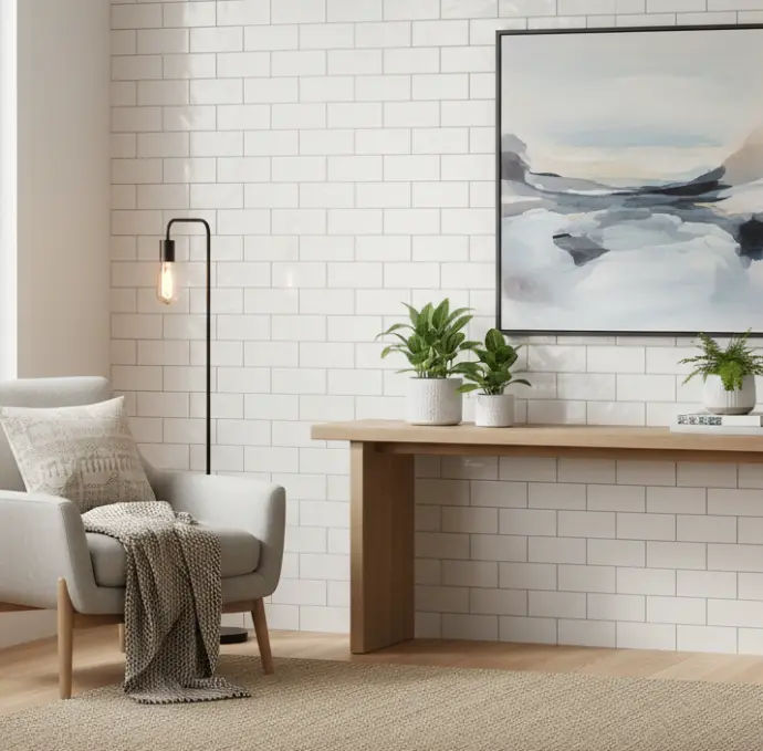 Polished subway tile fireplace surround with high-gloss reflective finish