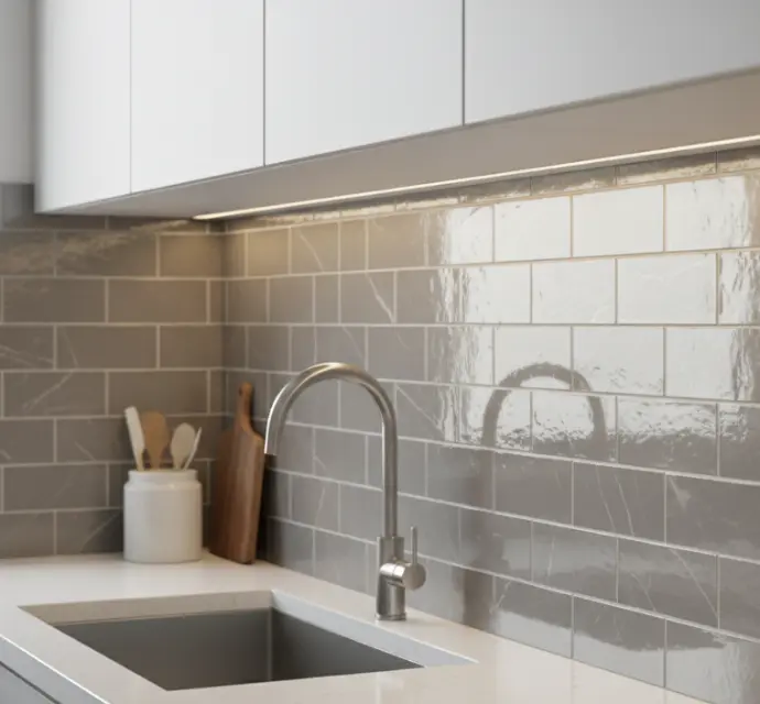 Kitchen backsplash with glossy, marbled 2x6 brown subway tiles.