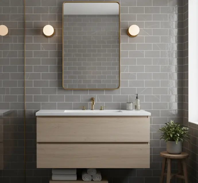 A modern bathroom wall featuring glossy, marbled 2x6 brown subway tiles.