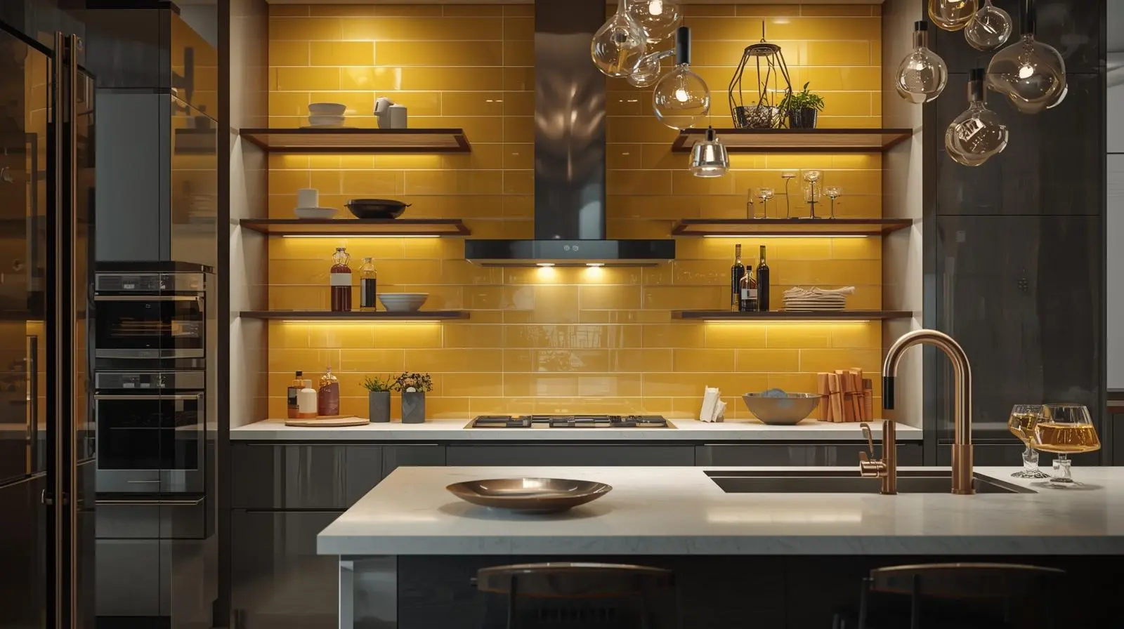Modern luxurious kitchen design with 3x6 yellow subway tiles