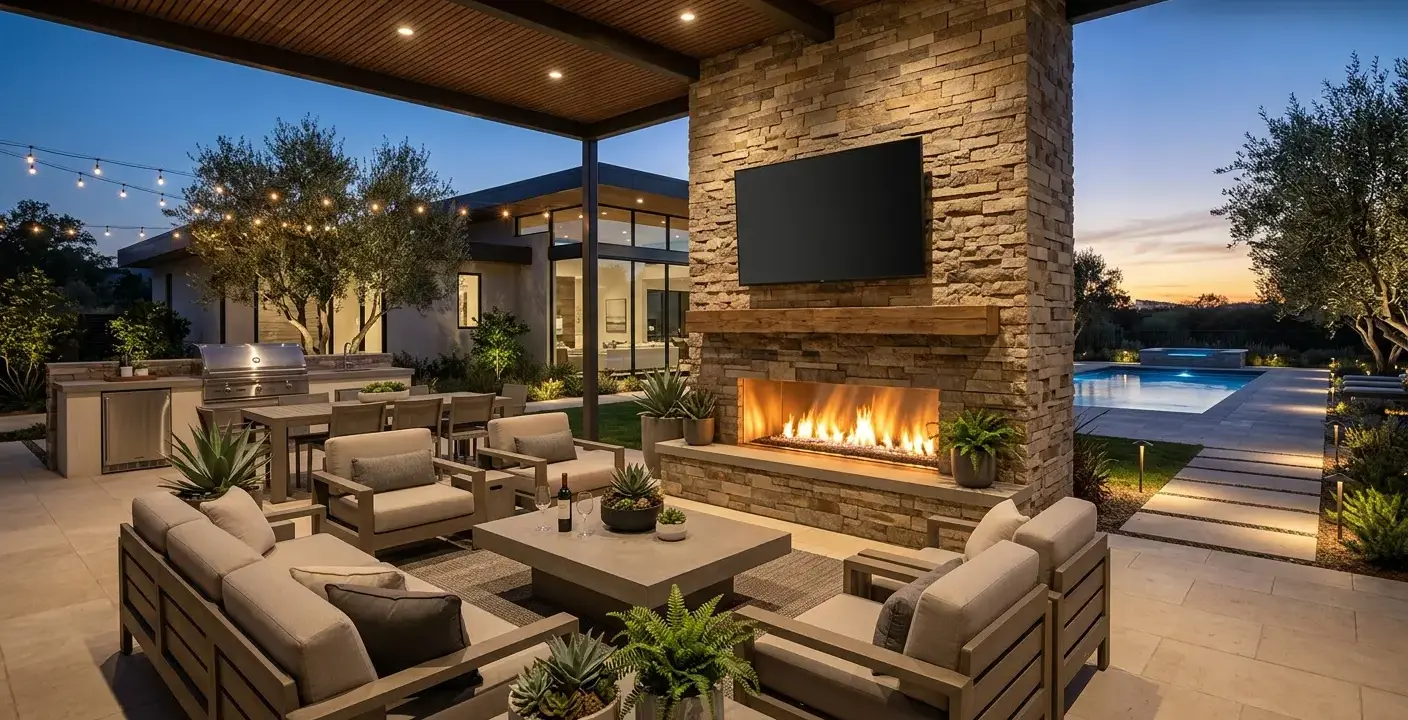Conceptual rendering of a Ledger Stone fire feature surround at dusk.