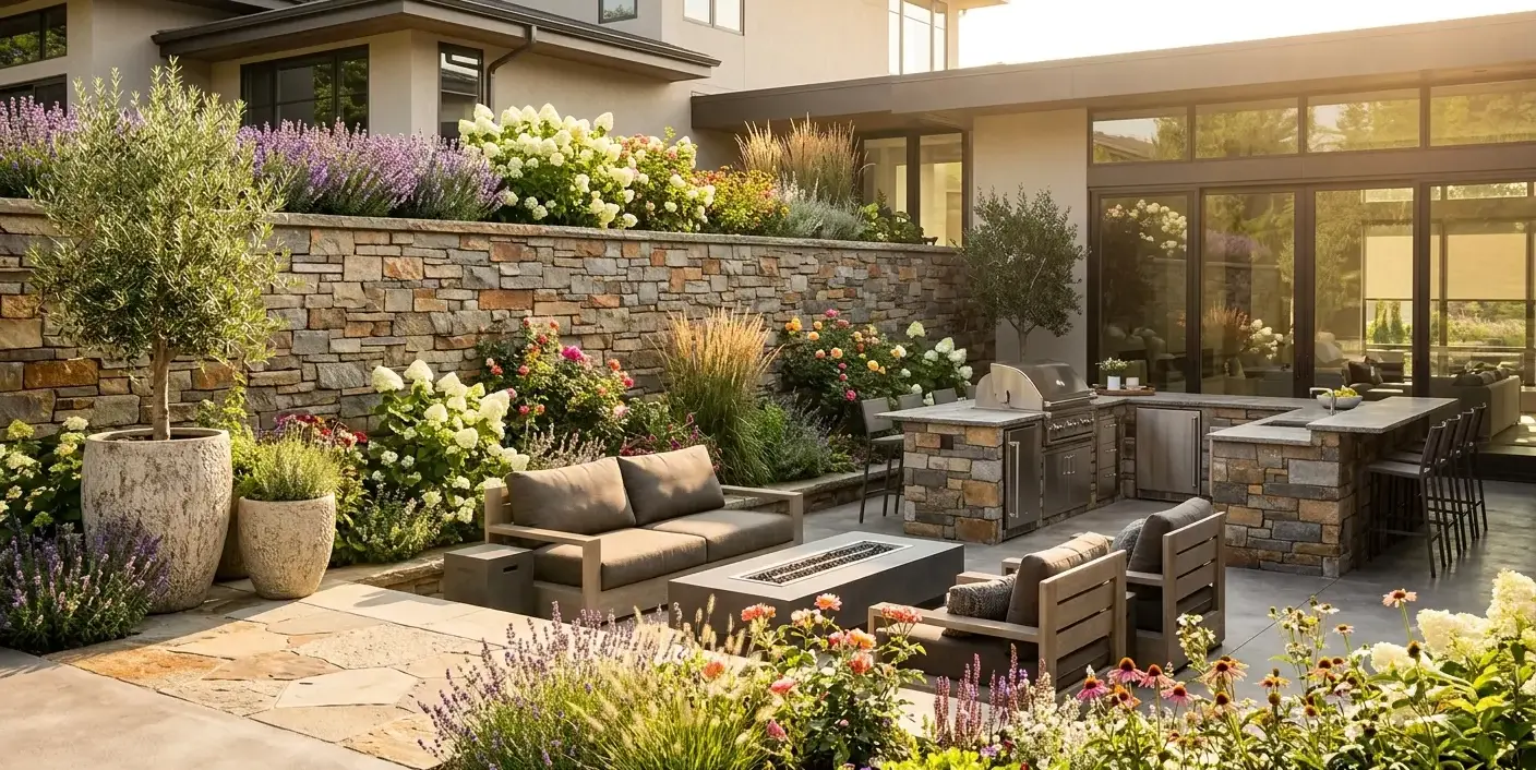 Conceptual rendering of a Ledger Stone courtyard wall with garden plantings.