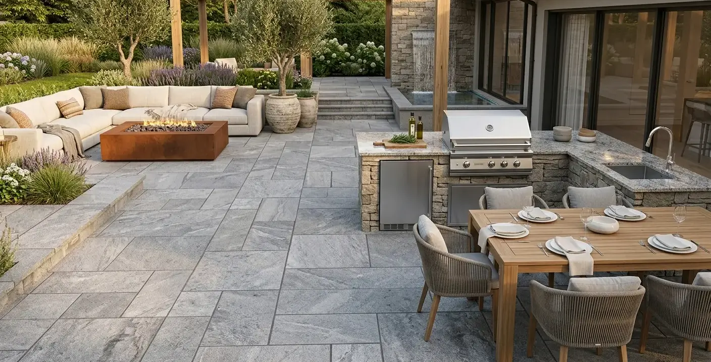 Conceptual rendering of a hardscape stone patio with granite pavers.