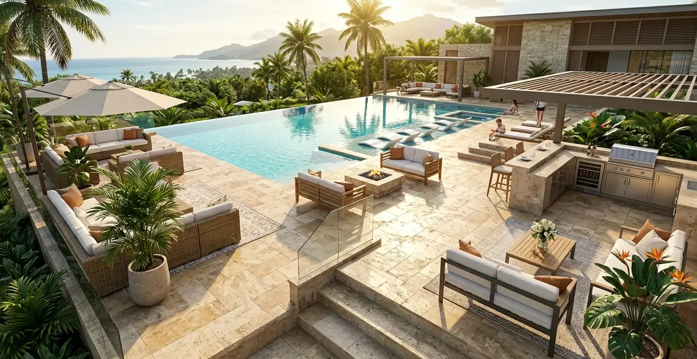 Conceptual rendering of a hardscape pool deck with travertine tile.