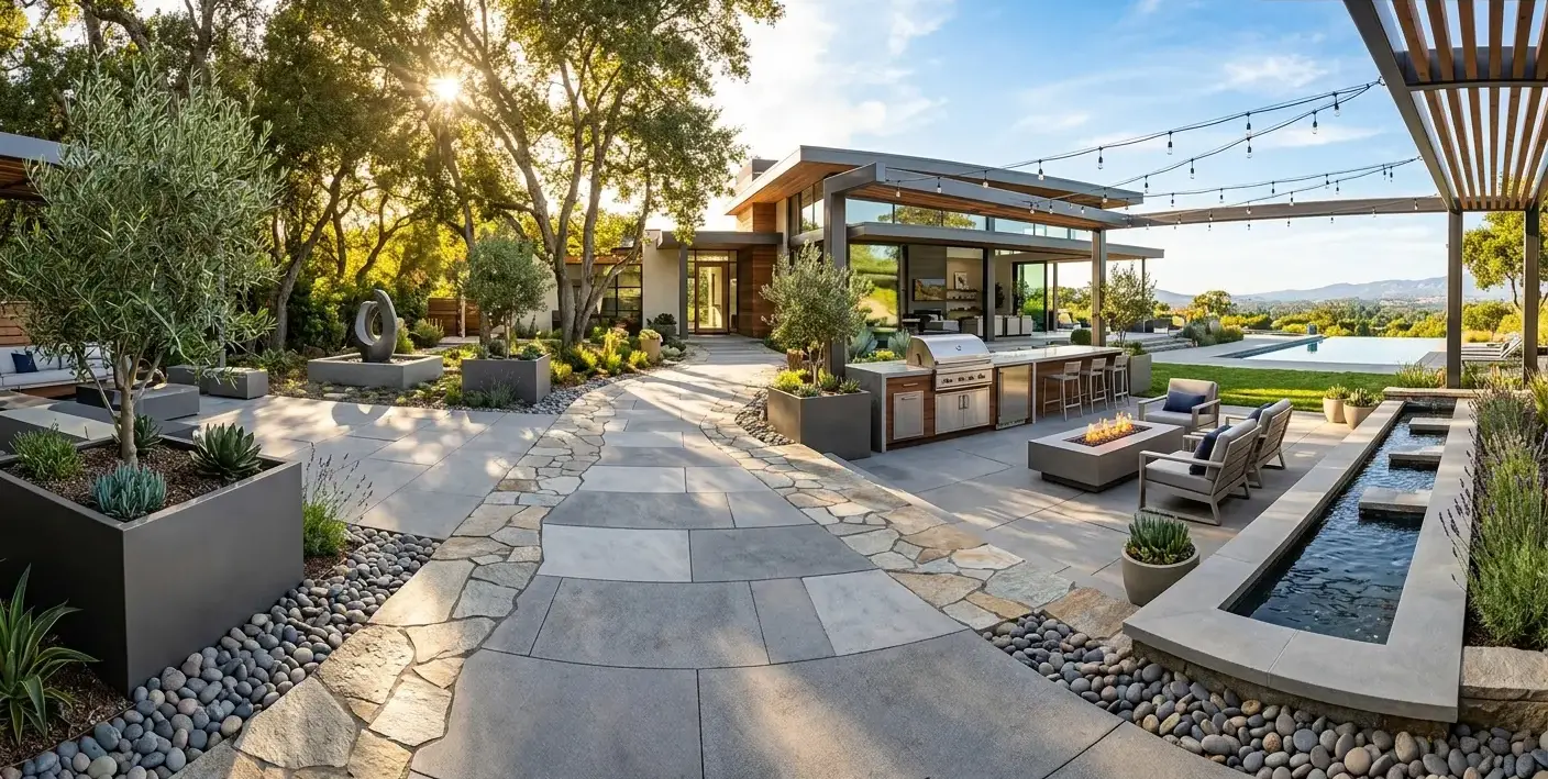 Conceptual rendering of a hardscape walkway bordered by natural stone.