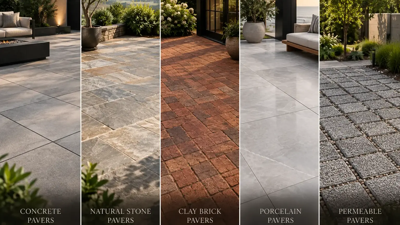 Conceptual rendering of a side-by-side comparison of concrete, natural stone, clay brick, porcelain, and permeable pavers.
