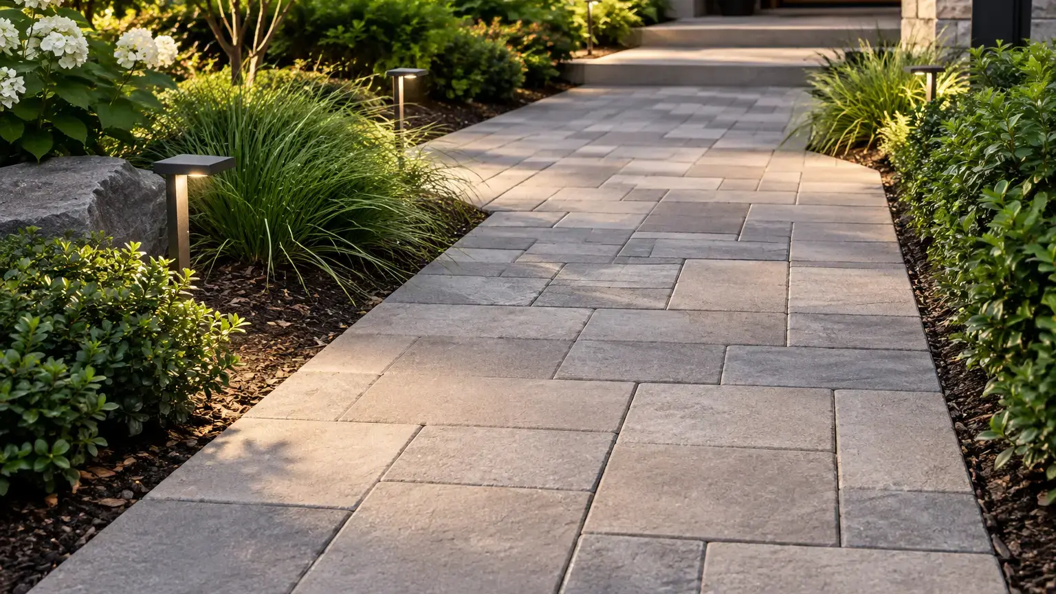 Conceptual rendering of large-format gray and beige concrete pavers in a landscaped walkway.