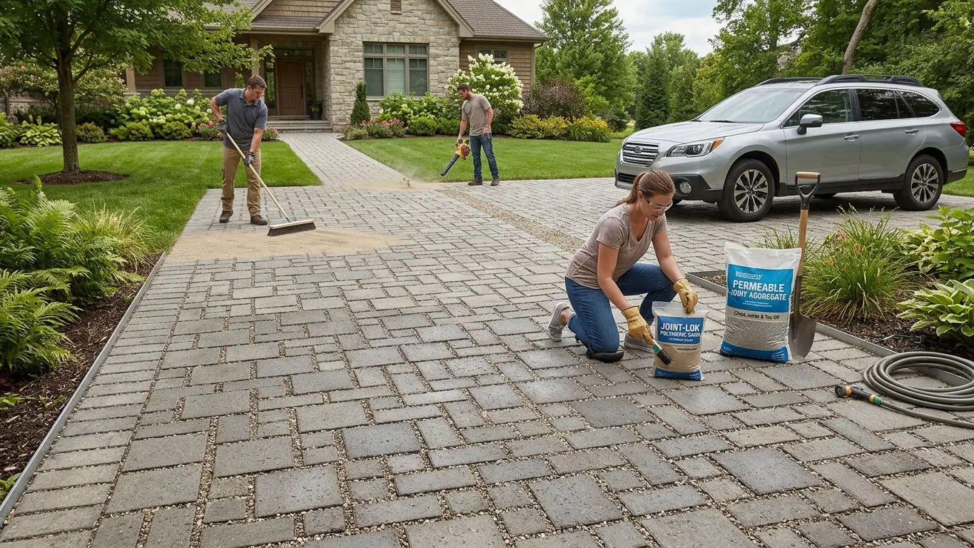 Conceptual rendering of homeowners maintaining the joints of a paver driveway.