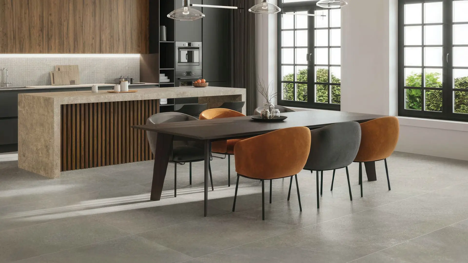 Kitchen flooring with Enlightenment Storm grey 16x32 cement look porcelain tile