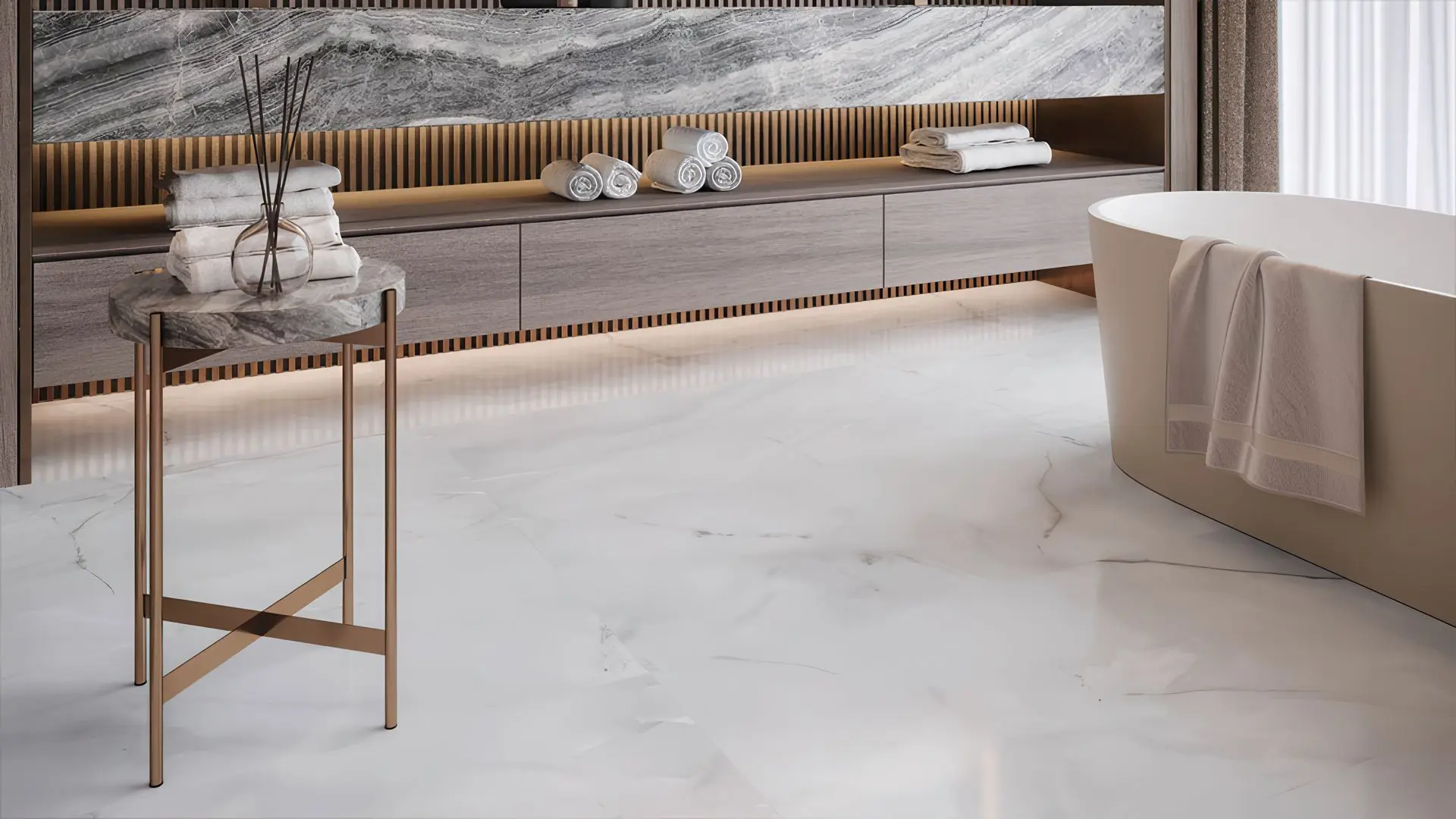 Luxurious living room with Mozart Onyx Nuvolato 24x48 marble look porcelain tile as a flooring