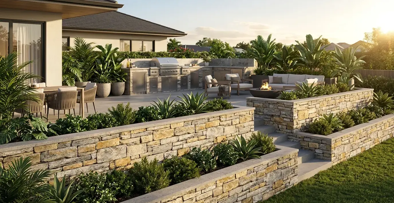 Conceptual rendering of a hardscape retaining wall in quartzite.