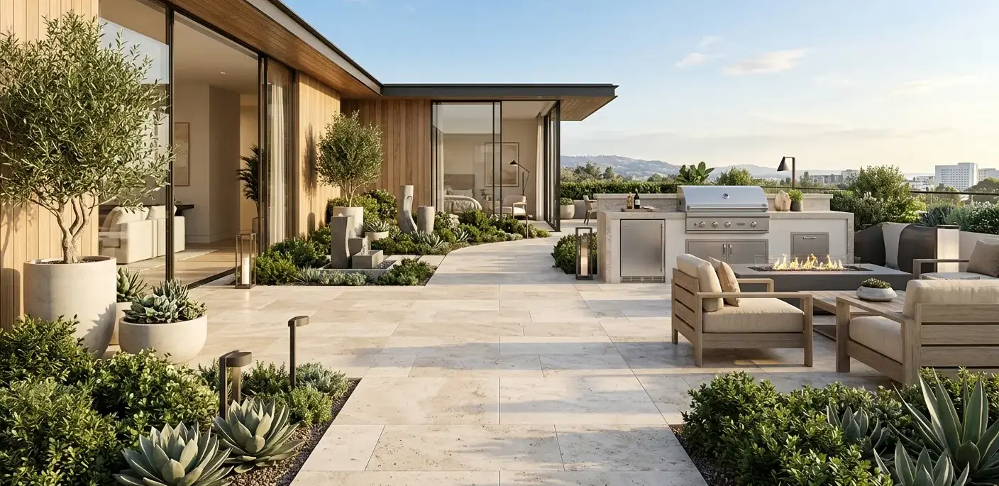 Conceptual rendering of a hardscape pathway using travertine stone.