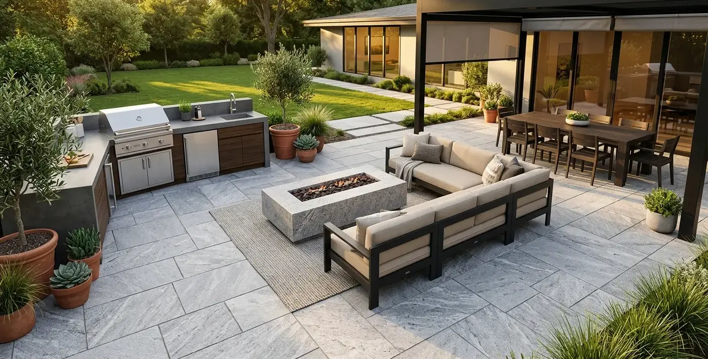 Conceptual rendering of a hardscape patio with granite pavers.