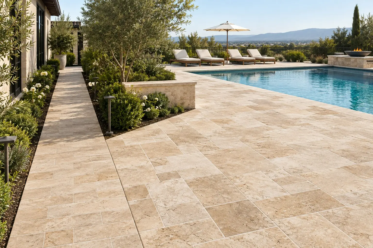 Conceptual rendering of a Narrow walkway vs wide pool deck travertine layout