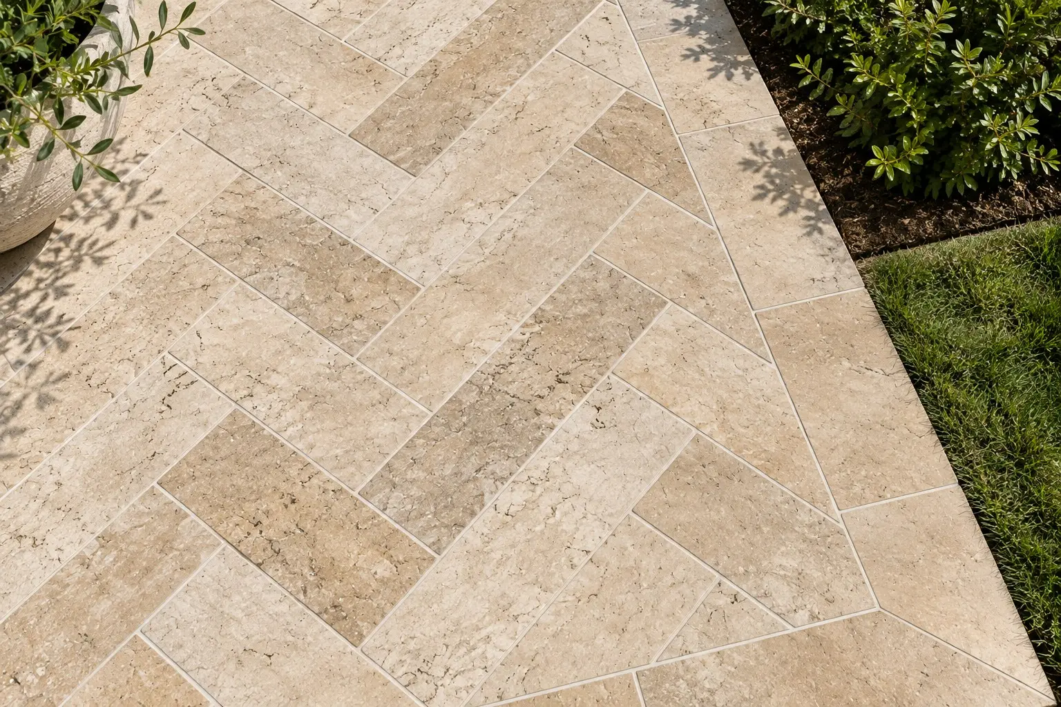 Conceptual rendering of a Herringbone travertine patio pattern
