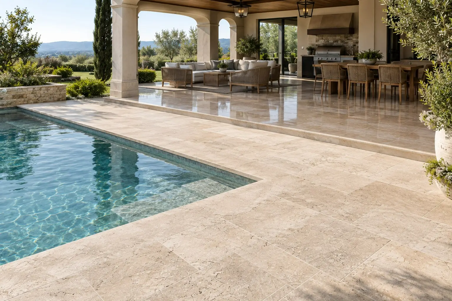 Conceptual rendering of a Honed pool deck vs polished loggia travertine finish