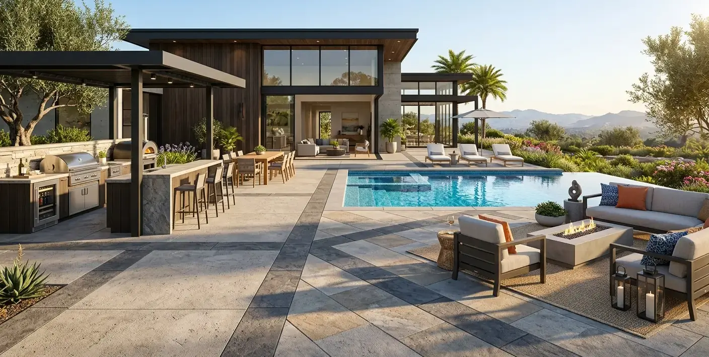 Conceptual rendering of a modern pavers patio layout.