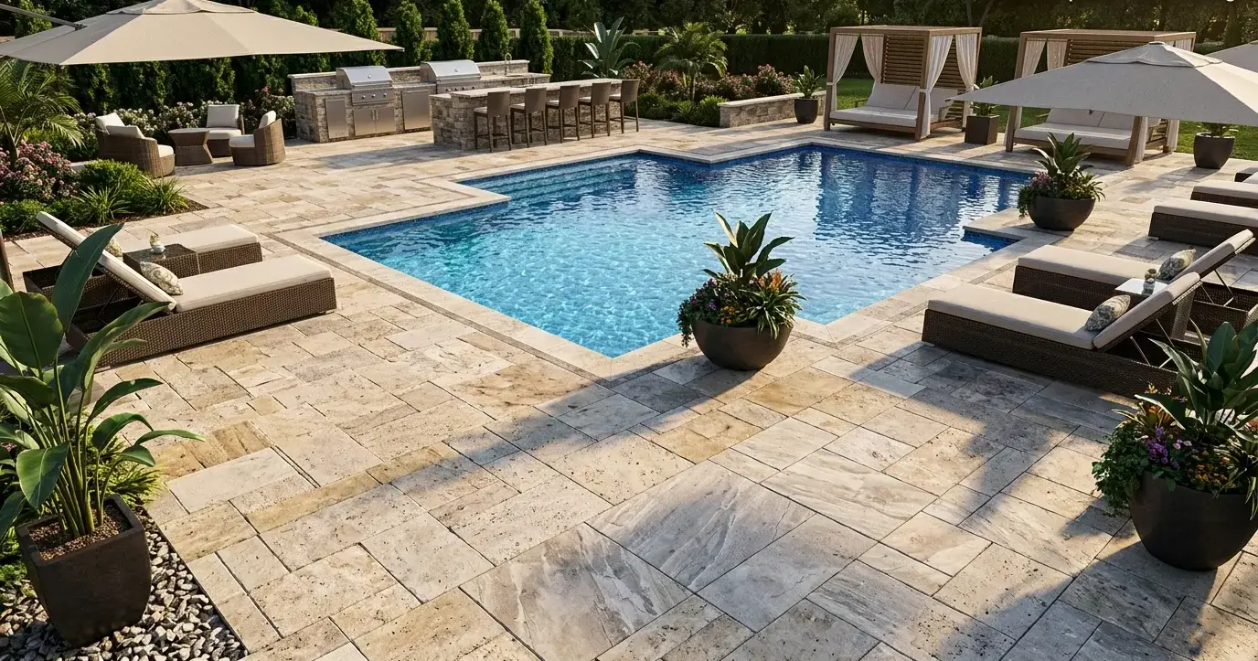 Conceptual rendering of a stone pavers pool deck.