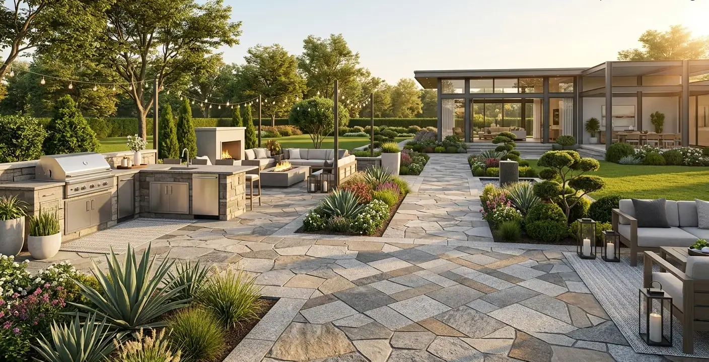 Conceptual rendering of granite pavers garden pathway.