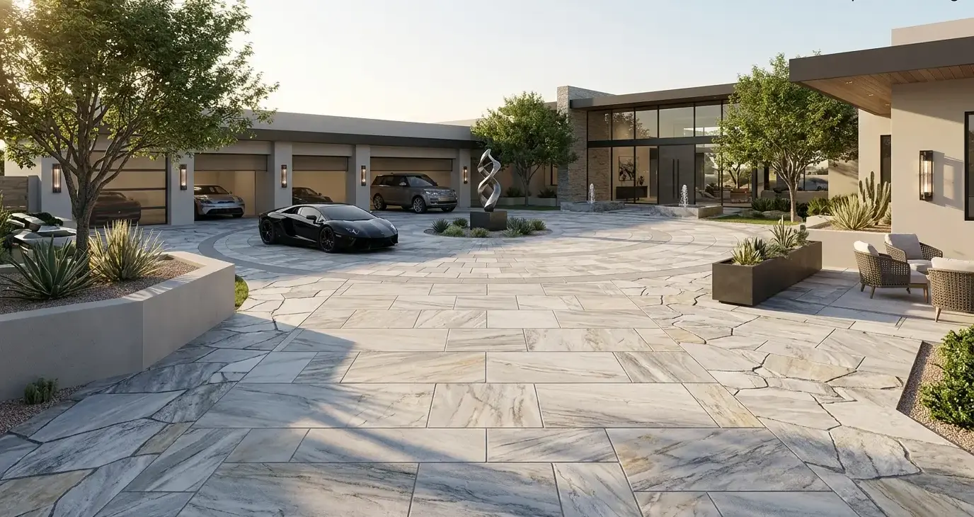 Conceptual rendering of a quartzite slabs motor court driveway