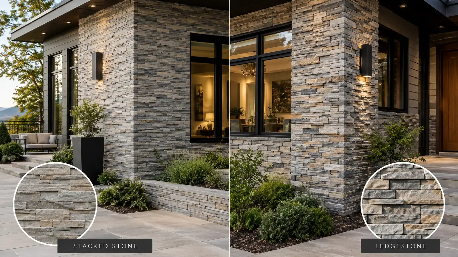 Conceptual rendering of stacked stone and ledgestone exterior facade side by side.