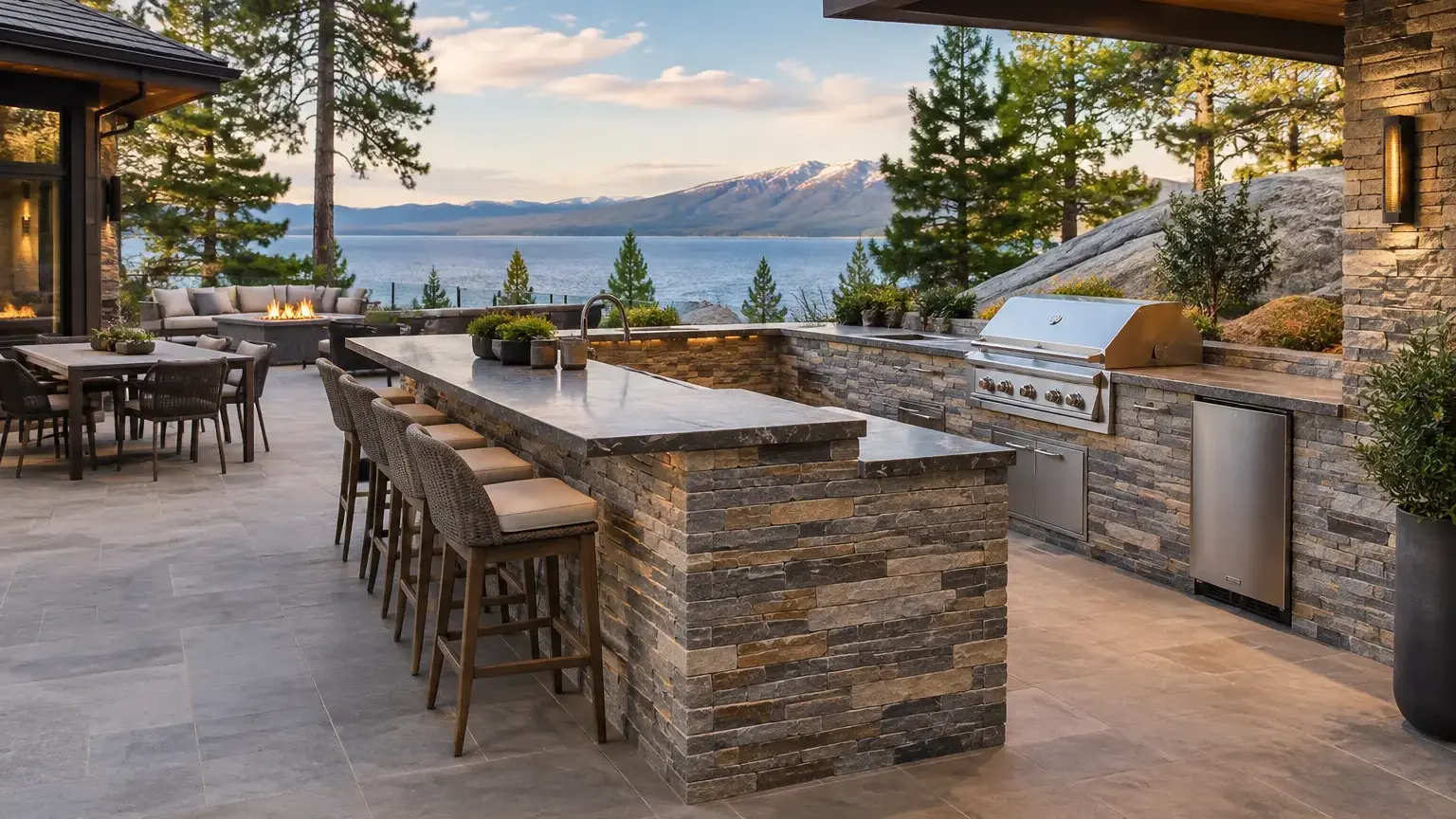 Conceptual rendering of luxury outdoor kitchen with stacked stone surrounds.