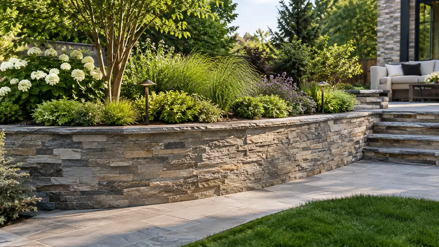 Conceptual rendering of ledgestone retaining wall in a landscaped garden.