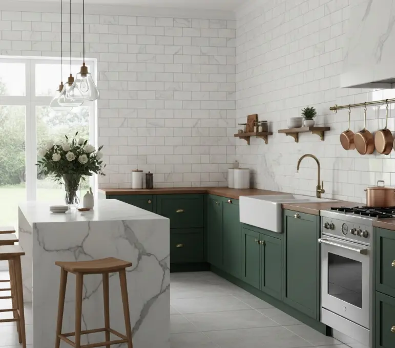 Luxury kitchen with marble look subway tile backsplash.