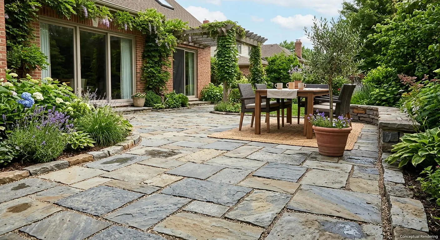 Conceptual rendering of natural stone paver in patio.
