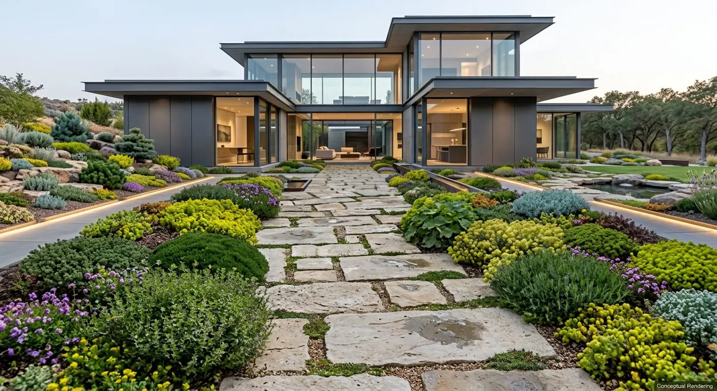 Conceptual rendering of limestone paver in garden walkway.