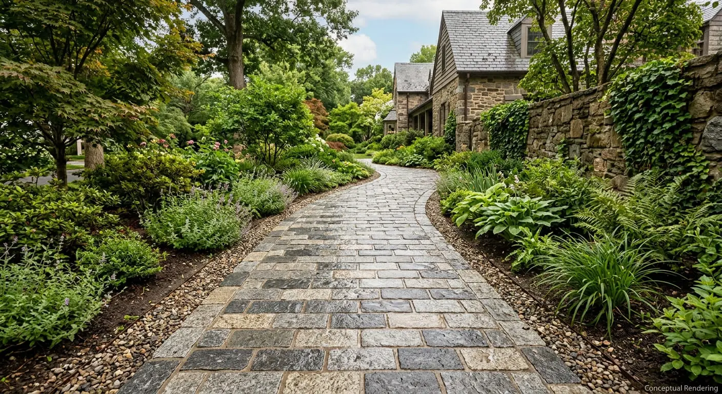 Conceptual rendering of granite paver in walkway.
