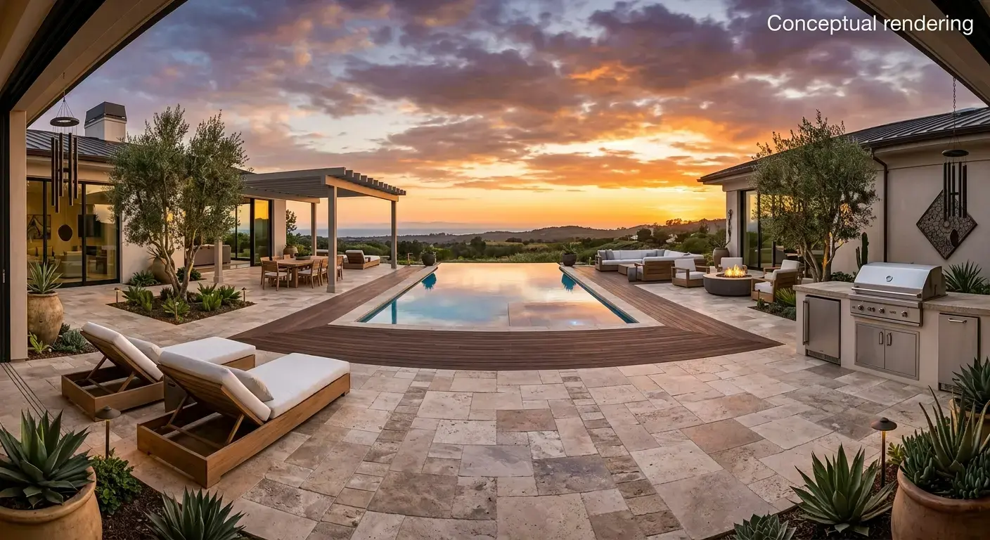 Conceptual rendering of luxury backyard patio with infinity pool, outdoor kitchen, fire pit, and pergola seating area at sunset.