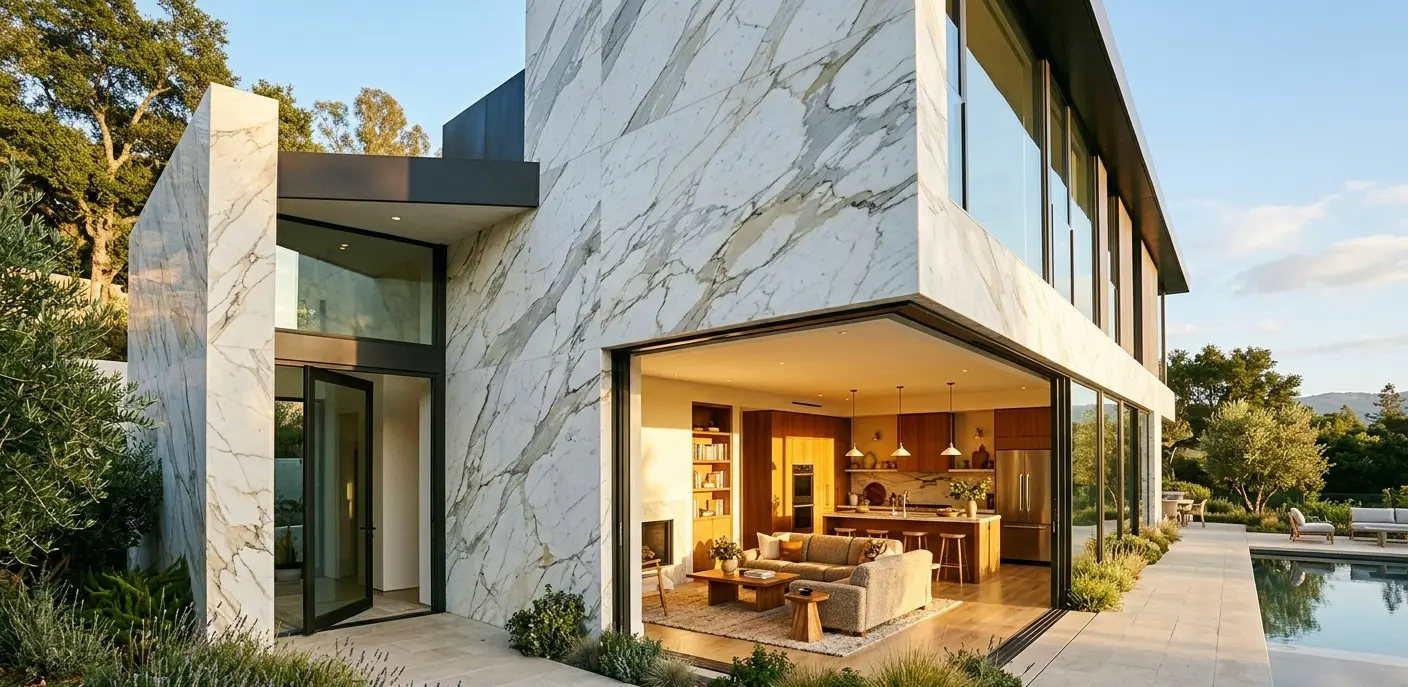 Conceptual rendering of a Modern home exterior with marble slab wall cladding, open-air living room, and pool deck view.