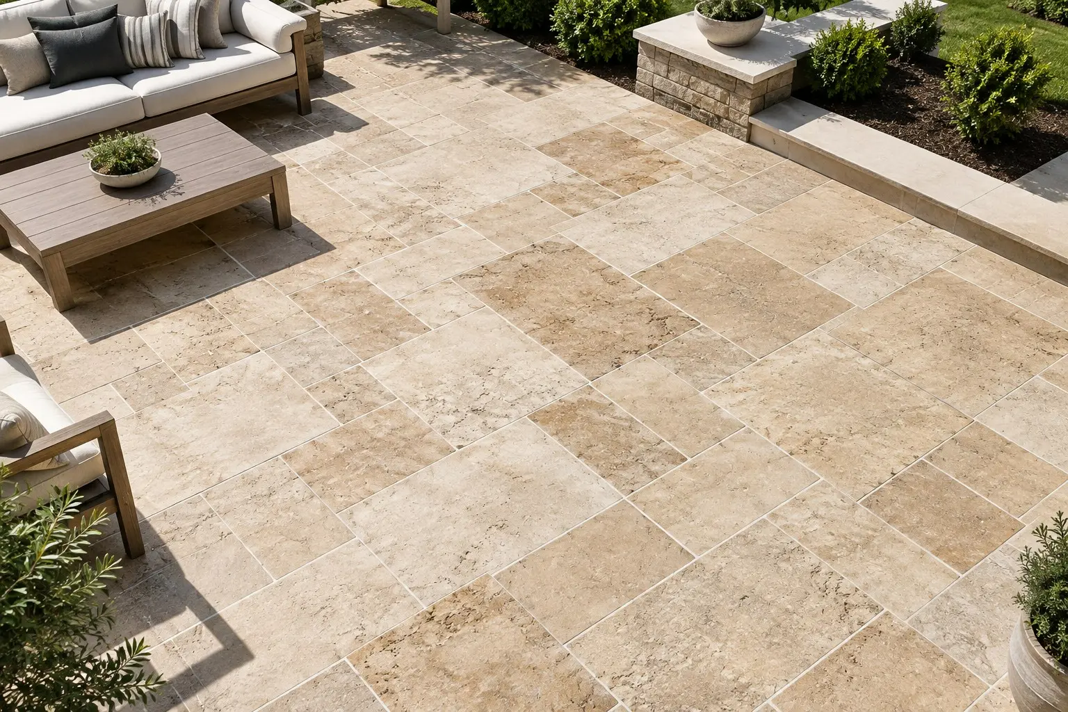Conceptual rendering of a Travertine paver patio flooring with outdoor sofa seating and garden landscaping.