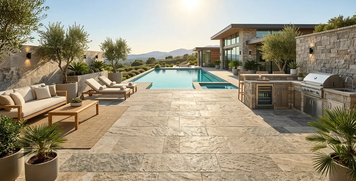 Conceptual rendering of a hardscape pool deck with textured stone tile.