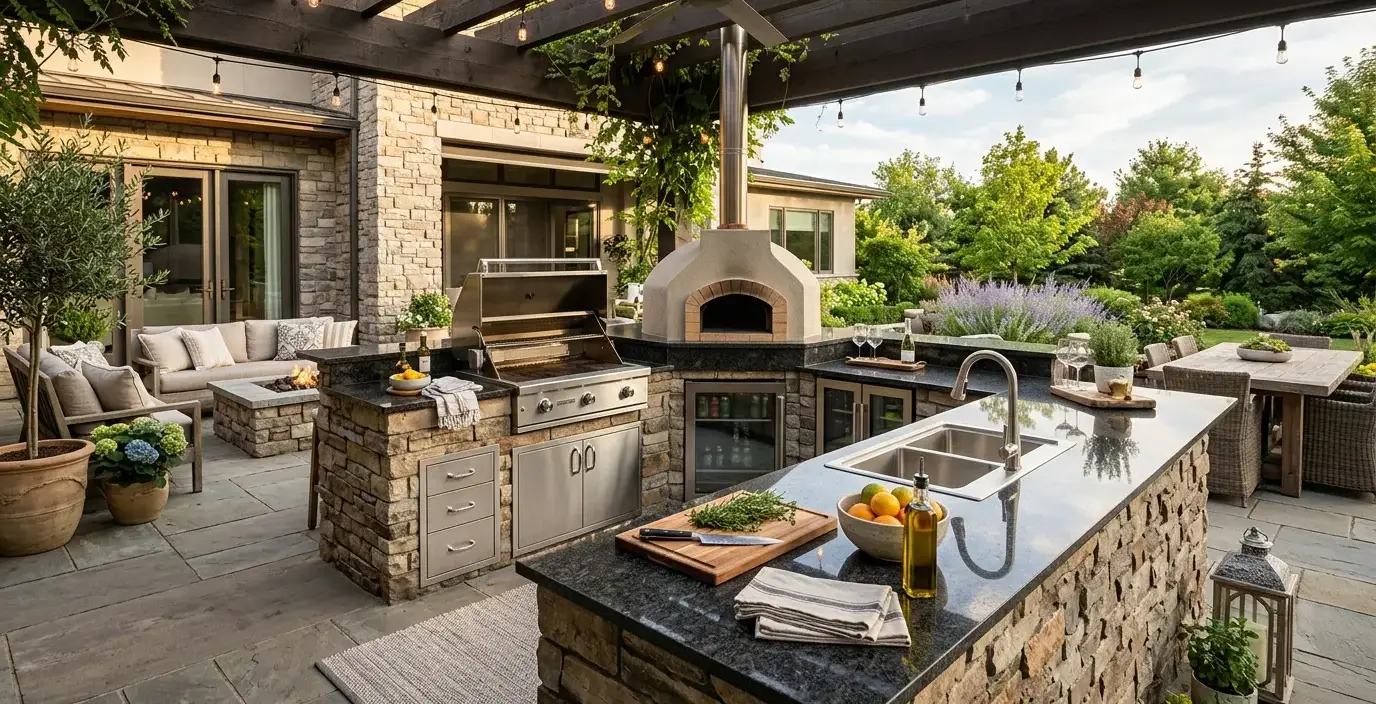 Conceptual rendering of a hardscape outdoor kitchen with granite countertop surround.