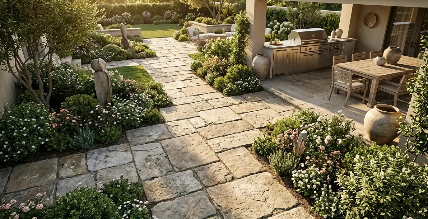 Conceptual rendering of a hardscape garden pathway using aged stone pavers.