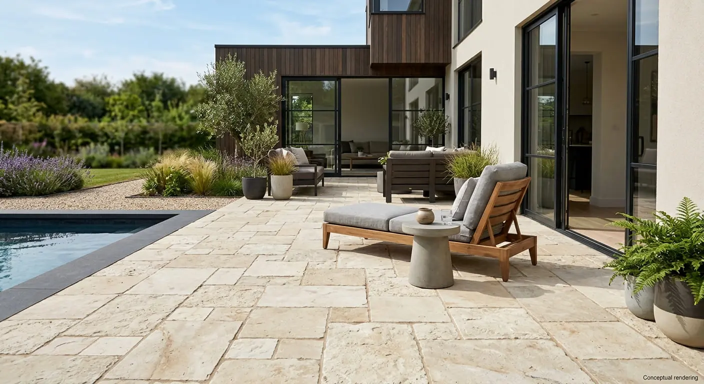 Conceptual rendering of limestone paver in modern house.