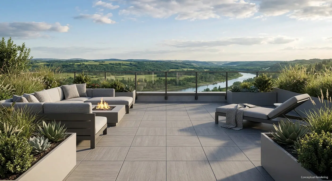 Conceptual rendering of porcelain pavers in rooftop deck.