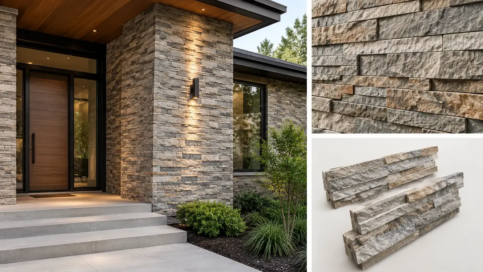 Conceptual rendering of ledger stone veneer on a modern home entryway.
