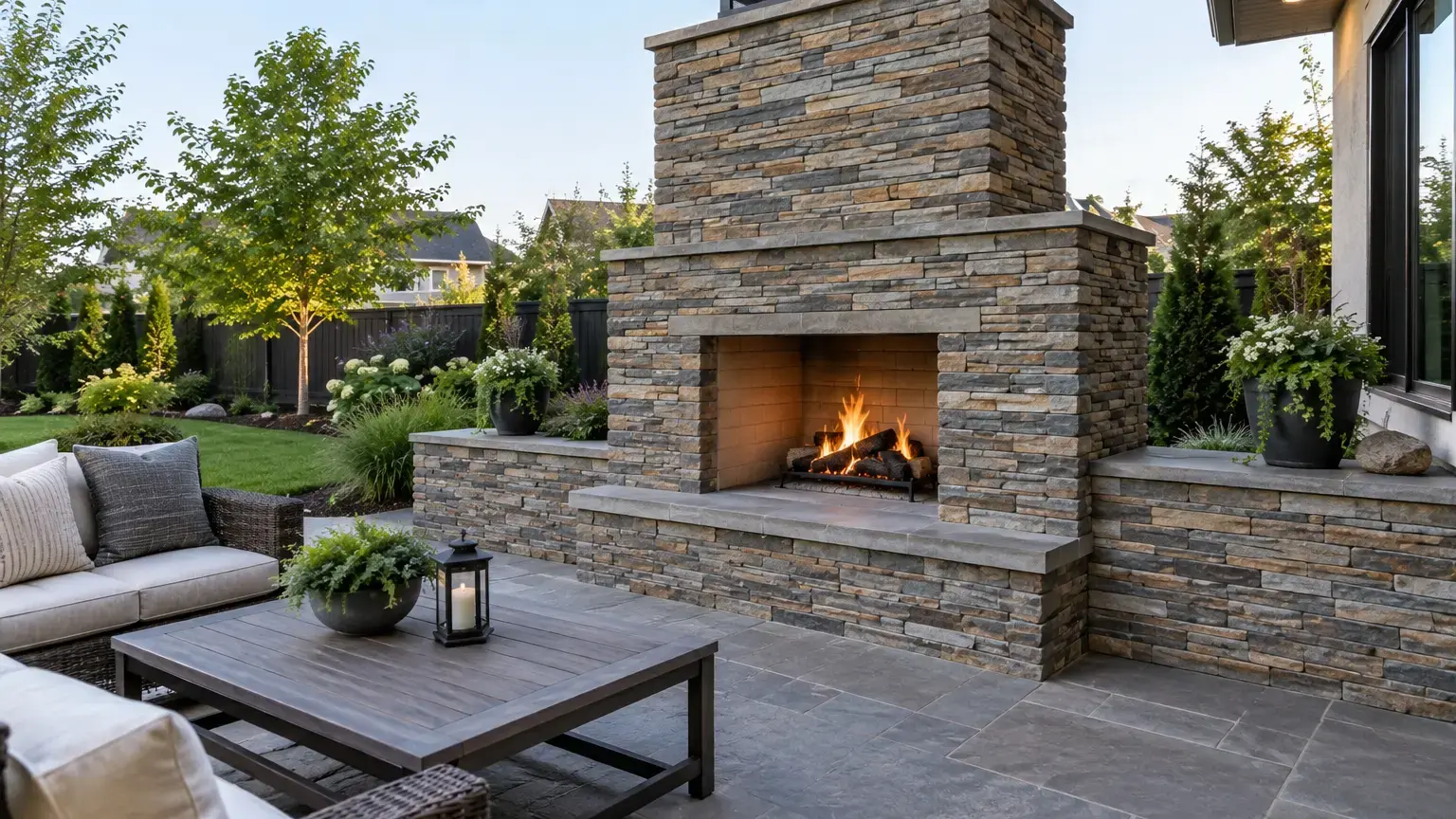 Conceptual rendering of modern outdoor fireplace with perfectly installed ledger stone.