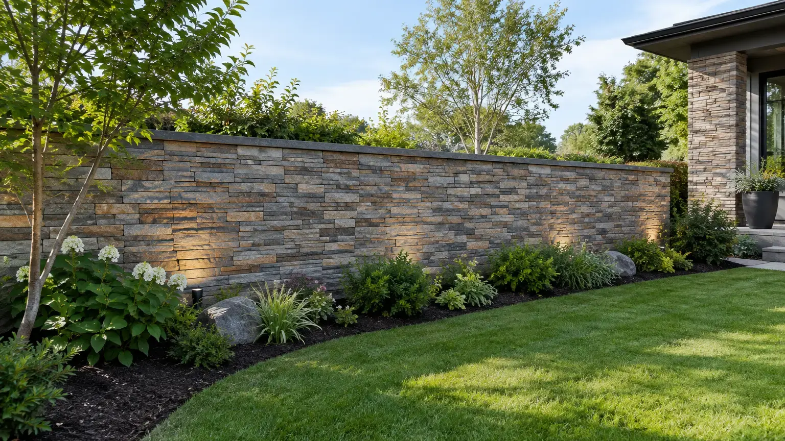 Conceptual rendering of wide-angle garden with perfectly installed ledger stone wall.