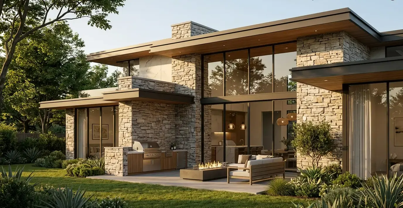 Conceptual rendering of a modern home with stacked stone exterior and outdoor kitchen.