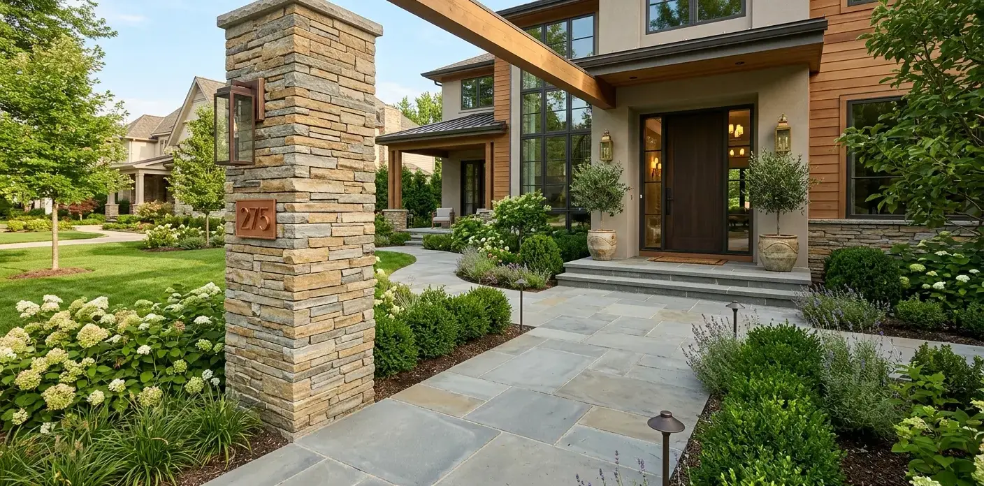 Conceptual rendering of a stacked stone entry column at a front walkway.