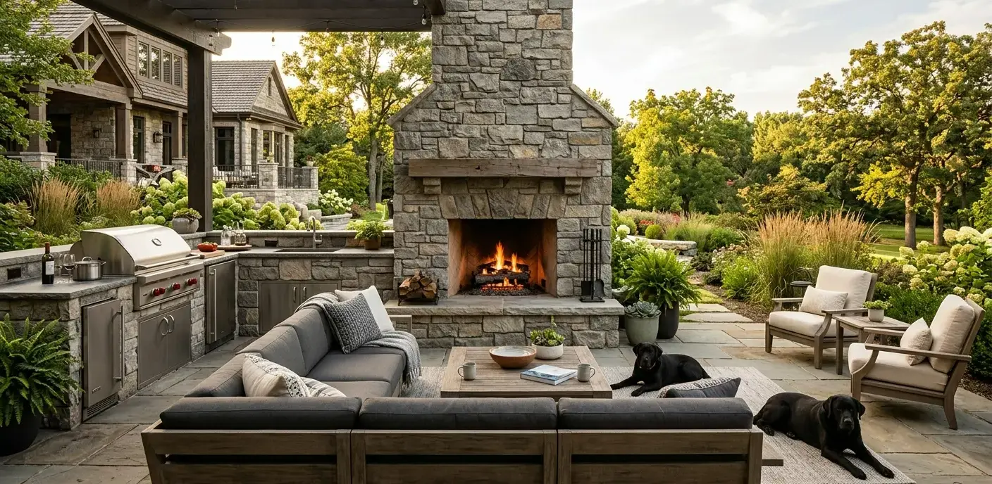 Conceptual rendering of a Stacked stone outdoor fireplace with covered patio and grill station.