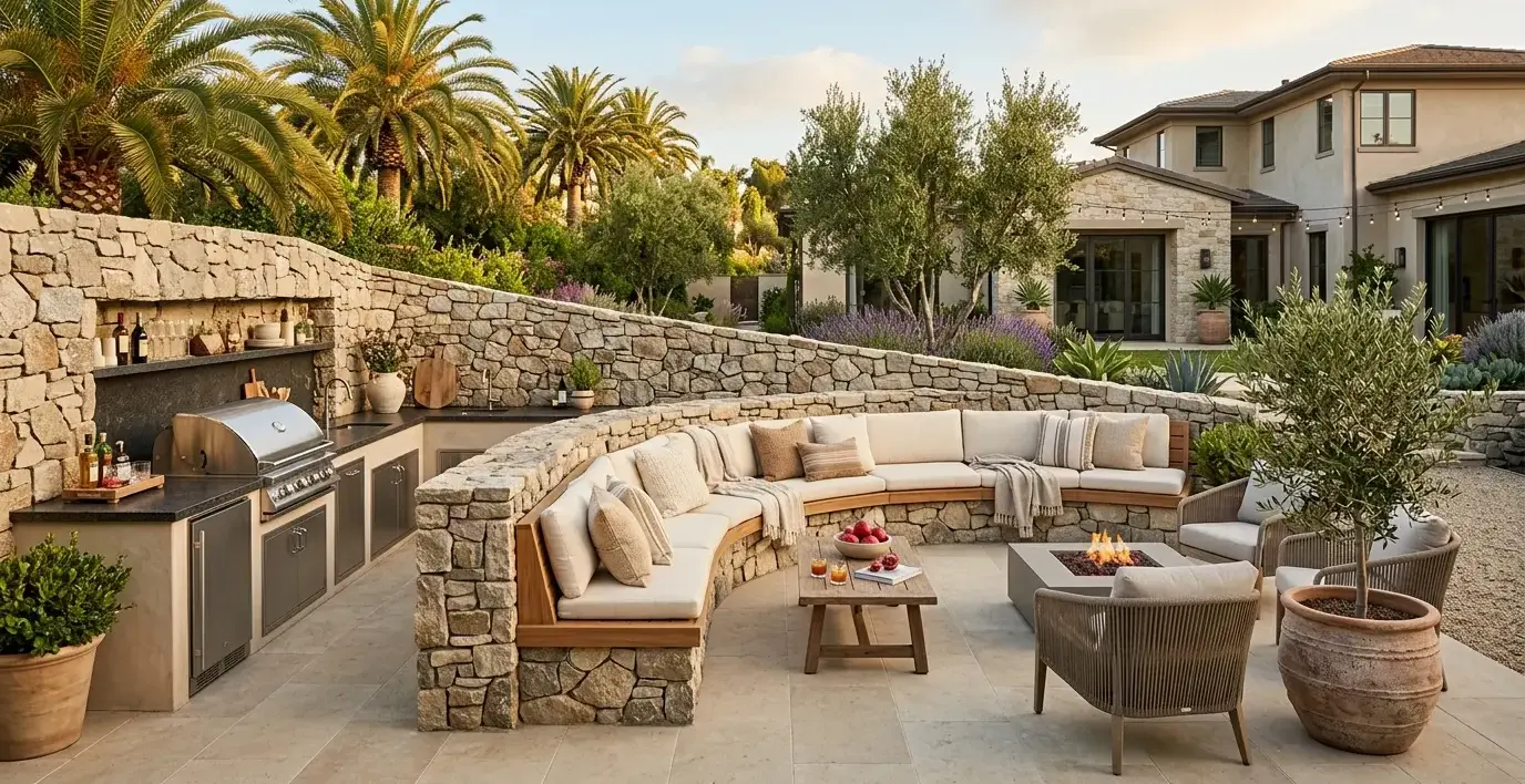 Conceptual rendering of a stacked stone patio wall with seating.