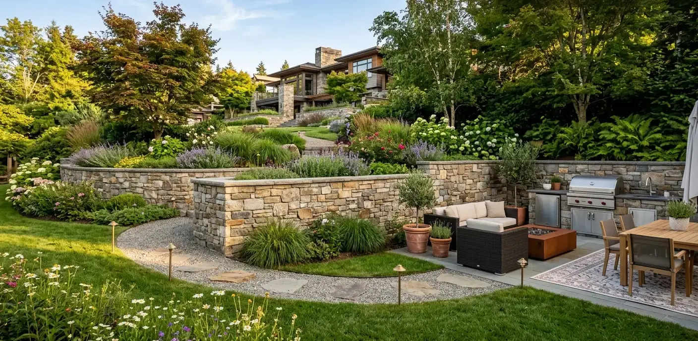 Conceptual rendering of a stacked stone retaining wall in a garden.